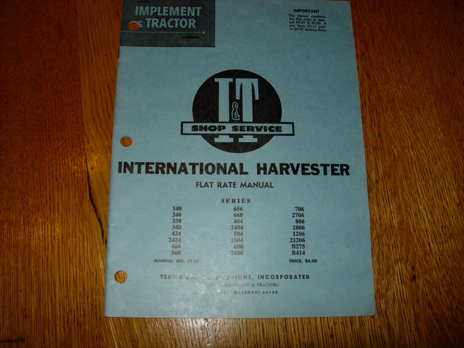 I & T Shop Service International Harvester Flat Rate Manual IH-27
