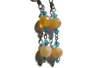 Orange and aquamarine artisan earrings dangle from surgical steel  earwires ID AA102