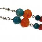 Carnelian orange artisan dangle earrings with turquoise agate gemstones and mirror hearts  ID CA157