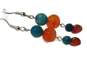 Carnelian orange artisan dangle earrings with turquoise agate gemstones and mirror hearts  ID CA157