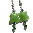 Butterfly artisan earrings of green glass with shiny teal crystal on silver plated earwires ID GC118