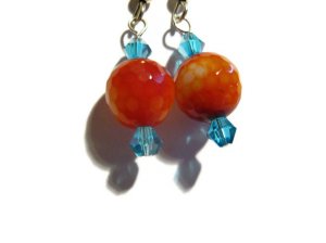 Deep orange earrings fired agate handmade artisan silver plated earwires ID AC111
