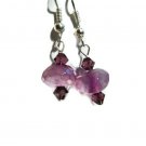 Lilac magenta handmade earrings of faceted agate dangle between amethyst Swarovski crystals ID CA199