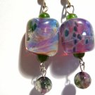 Purple lampwork earrings artisan barrel with fired agate gemstones ID OL113