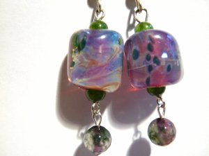 Purple lampwork earrings artisan barrel with fired agate gemstones ID OL113