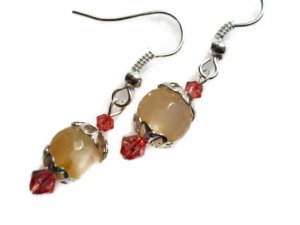 Peachy pink agate handmade artisan earrings with silver caps and pink Swarovski crystals AC191