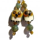 Owl lampwork earrings artisan silver plated  copper green agate beads and topaz crystals ID LO131