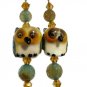 Owl lampwork earrings artisan silver plated  copper green agate beads and topaz crystals ID LO131