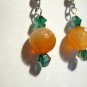 Mango tangerine earrings handcrafted on silverplate earwires with teal green crystals ID ACr178