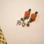 Salmon pink handcrafted jade earrings on surgical steel posts with teal green crystals ID GC-Psu188