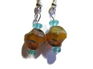 Boho amber earrings in Czech glass Baroque style with light aquamarine crystals ID CZGp111