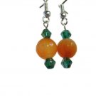 Mango tangerine earrings handcrafted on silverplate earwires with teal green crystals ID ACr178