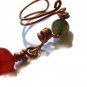 Artisan copper ear cuff dangle with one red agate and one turquiose agate bead