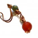 Artisan copper ear cuff dangle with one red agate and one turquiose agate bead