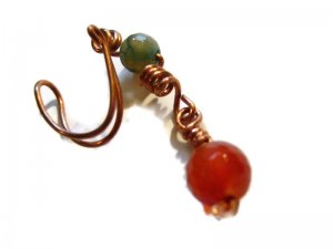 Artisan copper ear cuff dangle with one red agate and one turquiose agate bead