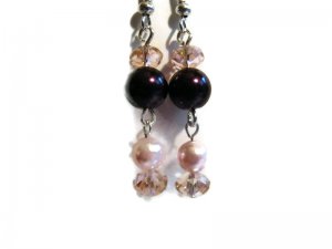 Faux pearl earrings handcrafted in purple and pink in silver plated earwires
