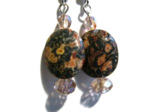 Handcrafted earrings oval leopard skin jasper grey and pink