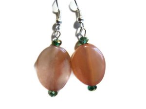 Hand crafted pink earrings oval twist with teal crystals on silver plated earwires