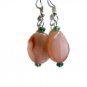 Hand crafted pink earrings oval twist with teal crystals on silver plated earwires
