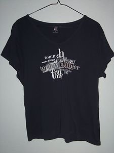 Tommy Hilfiger Top, Word Cloud Black V Neck Cotton T-Shirt, Women's Size XL EUC
