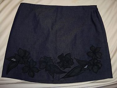 Express Stretch Navy Blue Jean Mini Skirt, Embroidered Floral, Women's Size 9/10