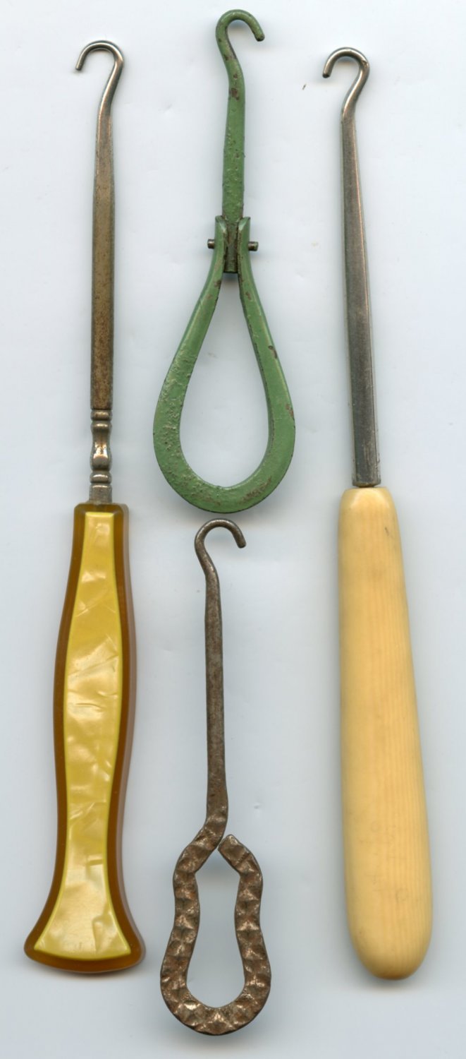 4 shoe button hooks bakelite celluloid and 2 metal vintage shoe hooks