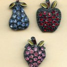 3 unique antique realistic fruit buttons metal with colored pastes and enameled leaf's