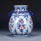 Blue and white deer head double ear blessing bucket large vase