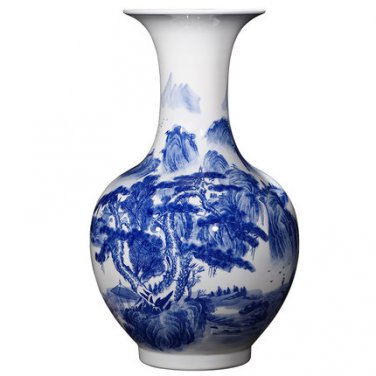 Large floor ceramic vase with blue and white landscape painting