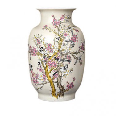 Winter Melon Shaped Plum Blossoms and Birds Ceramic Vase