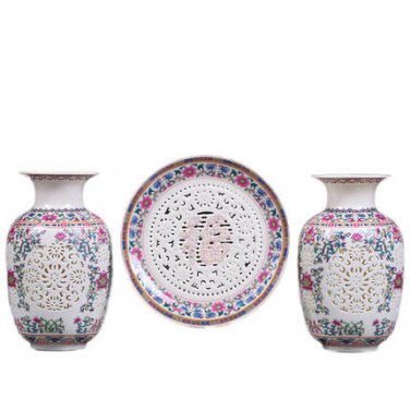 3pcs grooved hollow picture pastel hanging plate and winter melon vase