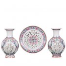3 pieces grooved hollow picture pastel hanging plate and lantern vases
