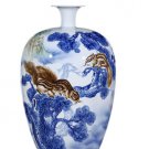 Large hand painted golden squirrel blue and white porcelain vase