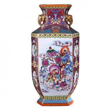 Large qing dynasty qianlong enamel vase with eighteen arhats painting