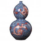 Hand painted blue and white glaze red dragon gourd vase ornaments