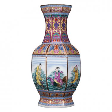 Enamel famille rose eight immortals cross the sea six square vase