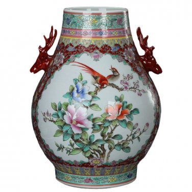 Hand painted pastel deer head ceramic vase with flowers and birds