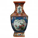 Vintage enamel square porcelain vase with flowers and birds