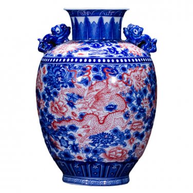 Vintage blue and white glaze red flower vase and ornament with dragon