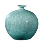 Vintage celadon lotus carved textured glazed ceramic vase ornament