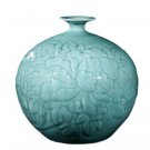 Vintage celadon carved peony textured glazed ceramic vase ornament