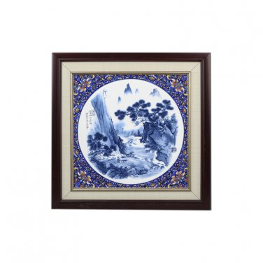 Blue and white landscape river porcelain plate painting office