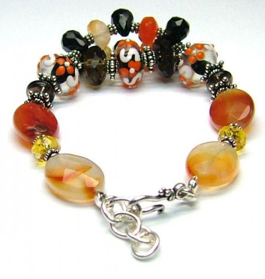 Carnelian, Citrine, Smoky Quartz, Onyx & Lampwork Bracelet