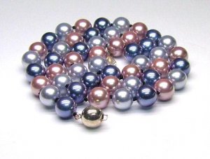  8mm Blue Mauve & Silver South Sea Shell Pearl Necklace - 925 silver