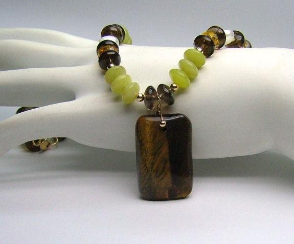 Serpentine, Tiger's Eye, Smoky Quartz, Citrine & Freshwater Cultured Pearls Necklace