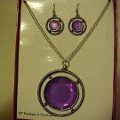 NEW PURPLE FACETED MEDALLION NECKLACE PIERCED EARRINGS