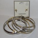 BRAND NEW 6 Gold & Silver Tone Bangle Bracelets & Crucifix Pierced EARRINGS