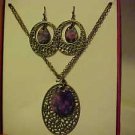 BRAND NEW GOLD PURPLE MEDALLION NECKLACE AND PIERCED EARRINGS JEWELRY SET