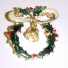 Festive Enameled Gold Tone Christmas Holly & Berry Wreath Pin Brooch