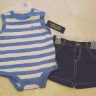 New Faded Glory Infant Outfit Size 3-6 Month Blue White Creeper Denim Shorts Set